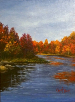 acrylic painting of blue sky and river with autumn colors trees